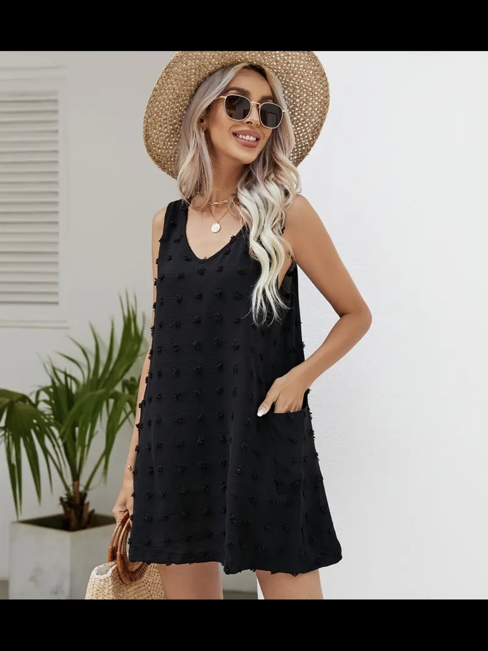 Women's Black Pom-Pom Textured Mini Dress